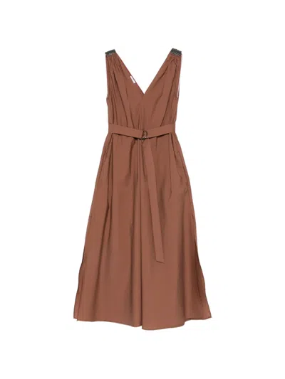 Brunello Cucinelli Beaded V-neck Belt Dress In Brown