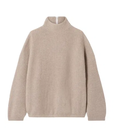 Brunello Cucinelli Bead-embellished Ribbed Cashmere Turtleneck Sweater In Brown