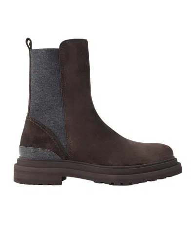 Brunello Cucinelli Bead-embellished Suede Chelsea Boots In Brown