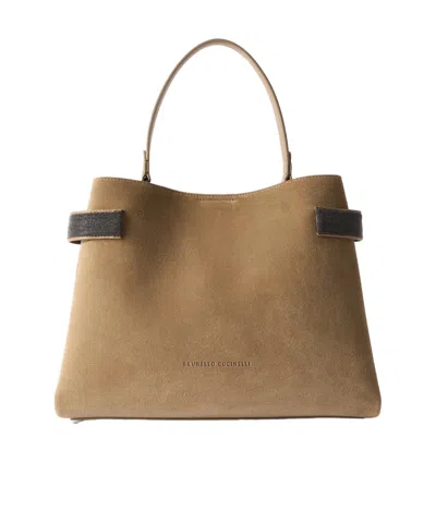 Brunello Cucinelli Bead-embellished Suede Shoulder Bag In Brown