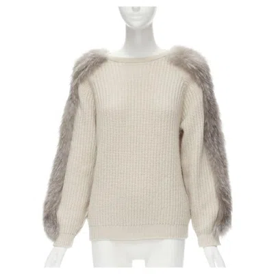 Pre-owned Brunello Cucinelli Beige 100% Cashmere Grey Fox Fur Sleeve Waffle Knit Sweater M In Gray