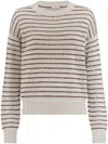 Brunello Cucinelli Streiped Cotton Round Neck Pull In Beige