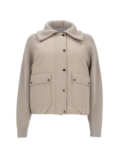 Brunello Cucinelli Beige  Ribbed-knit Panelled Down Jacket Featuring Flap Pockets  In Neutral