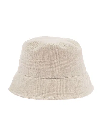 Brunello Cucinelli Beige Bucket Hat With All-over Paillettes Embellishment In Linen Woman In Panama/sabbia