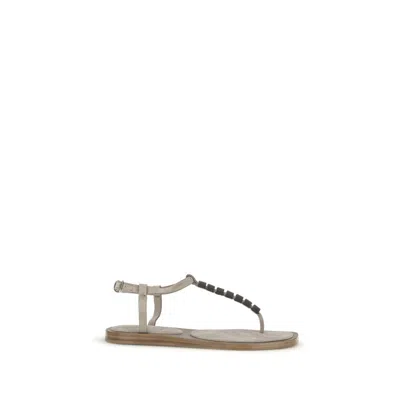 Brunello Cucinelli Beige Calf Leather Bos Taurus Flat Women's Sandals In Gray