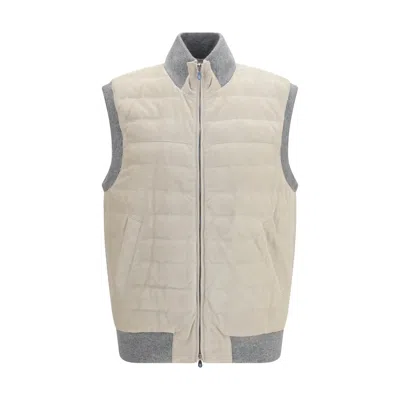 Brunello Cucinelli Beige Calf Leather Bos Taurus Sleeveless Jacket In White