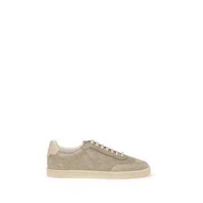 Brunello Cucinelli Beige Calf Leather Bos Taurus Sneakers In Gray
