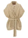 Brunello Cucinelli Dazzling Silk And Linen-blend Wrap Cardigan In Beige