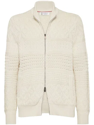 Brunello Cucinelli Beige Cardigan In Cotton With Zip In White
