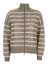 Brunello Cucinelli Beige Cardigan With High Neck And All-over Striped Motif In Neutrals