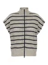 BRUNELLO CUCINELLI BRUNELLO CUCINELLI BEIGE CARDIGAN WITH HIGH NECK AND ALL-OVER STRIPED MOTIF IN LINEN BLEND WOMAN