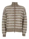 Brunello Cucinelli Beige Cardigan With High Neck And All-over Striped Motif In Linen Blend Woman In Multi