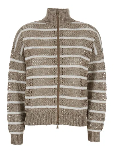 Brunello Cucinelli Beige Cardigan With High Neck And All-over Striped Motif In Linen Blend Woman In Multi