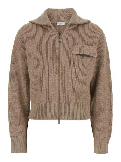 Brunello Cucinelli Beige Cardigan With Spread Collar And Monil Detail On The Front In Cashmere Woman