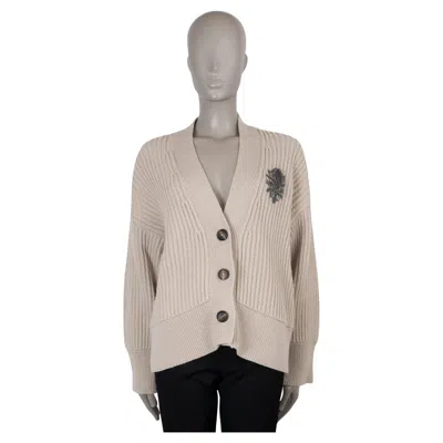 Pre-owned Brunello Cucinelli Beige Cashmere 2022 Monili Patch Rib-knit Cardigan Sweater L In Brown