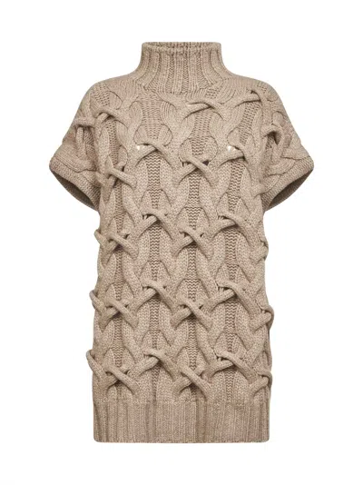 BRUNELLO CUCINELLI BEIGE CASHMERE FEATHER CRISSCROSS CABLE SWEATER