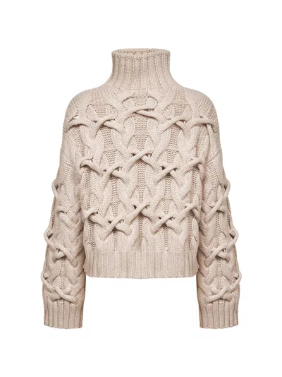Brunello Cucinelli Beige Cashmere Feather Crisscross Cable Sweater In Neutral