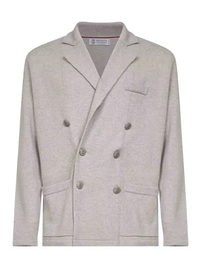 Brunello Cucinelli Beige Cashmere Knit Blazer-style Cardigan In Silver