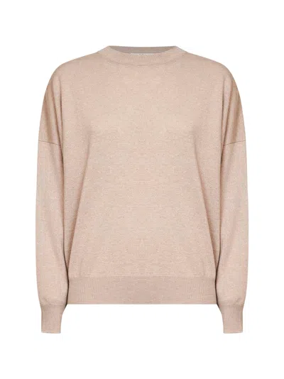 Brunello Cucinelli Beige Cashmere Knit Crewneck Sweater With Monili In Animal Print