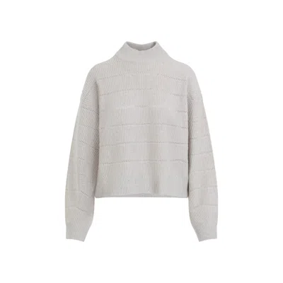 Brunello Cucinelli Beige Cashmere Mock Neck Lana Cashmire Stripe Pullover