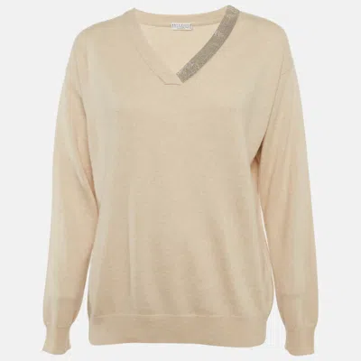 Pre-owned Brunello Cucinelli Beige Cashmere Monili V-neck Sweater M In Sand