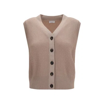 Brunello Cucinelli Beige Cashmere Sleeveles Sweater In Pink