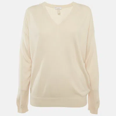 Pre-owned Brunello Cucinelli Beige Cashmere V-neck Sweater M In Sand