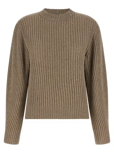 Brunello Cucinelli Sparkling Sequin Cashmere Wool Crew Sweater In Brown