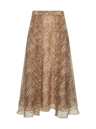 Brunello Cucinelli Women Beige Chevron Print Organza Paneled Circle Skirt In Multi