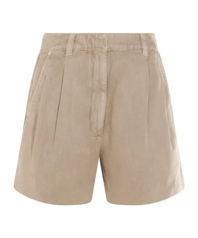 Brunello Cucinelli Beige Cotton And Linen Blend Shorts In Brown