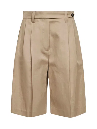 Brunello Cucinelli Beige Cotton And Linen Gabardine Sartorial Bermuda Shorts With Monili In Brown