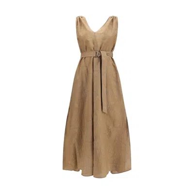Brunello Cucinelli Floral-motif Cotton-blend Midi Dress In Neutral