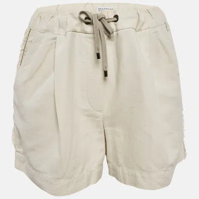 Pre-owned Brunello Cucinelli Beige Cotton Frayed And Monili Bead Side Detail Shorts M