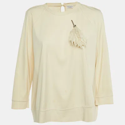 Pre-owned Brunello Cucinelli Beige Cotton Knit Brooch Detail Sweater Xl
