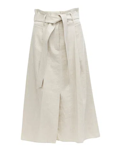 Brunello Cucinelli Beige Cotton Linen Tie Belt A-line Midi Skirt In Grey