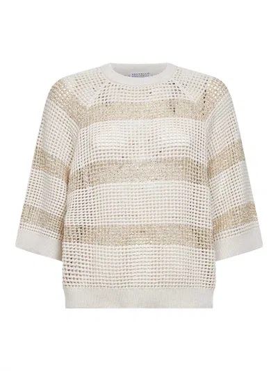 Brunello Cucinelli Beige Cotton Net Knit Sweater With Dazzling Stripes In Neutral