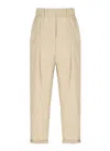 Brunello Cucinelli Beige Cotton Pants With Elastic High Waist