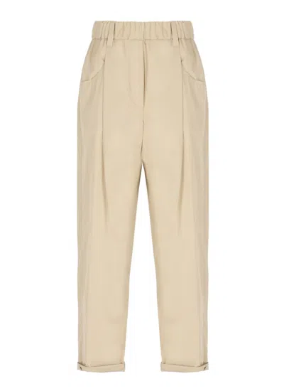 Brunello Cucinelli Beige Cotton Pants With Elastic High Waist