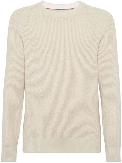 BRUNELLO CUCINELLI BEIGE COTTON RIBBED KNIT SWEATER FOR MEN