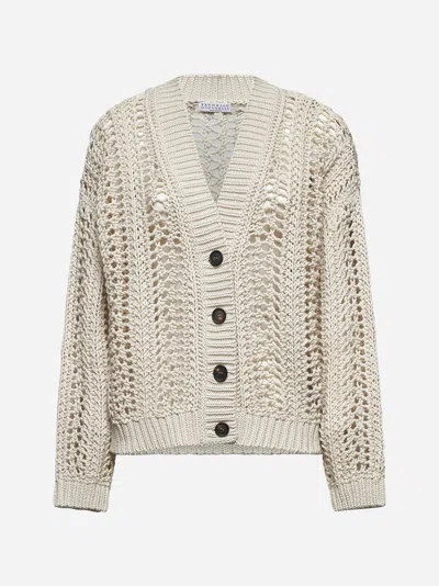 BRUNELLO CUCINELLI BEIGE COTTON RIBBED NET CARDIGAN