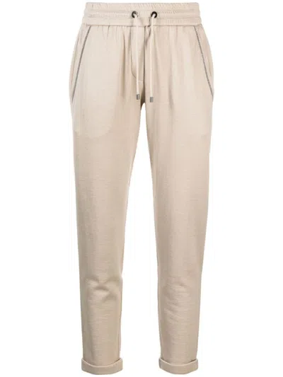 Brunello Cucinelli Trousers Cotton Silk Blend Glitter Detail In Neutral