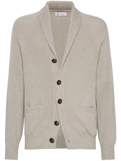BRUNELLO CUCINELLI BEIGE COTTON V-NECKED CARDIGAN