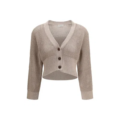 Brunello Cucinelli Sequined Mesh Cardigan In Brown