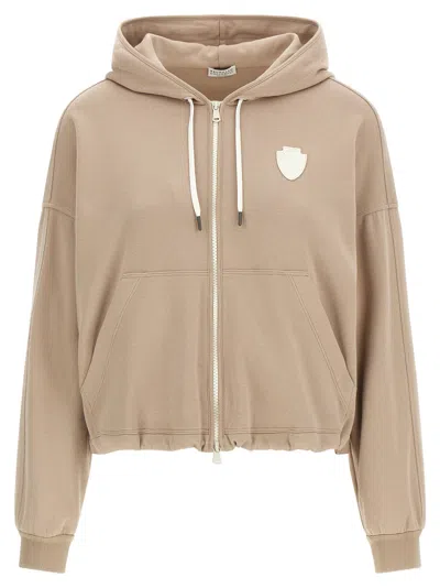 Brunello Cucinelli Beige Cotton Women's Hoodie In Sand