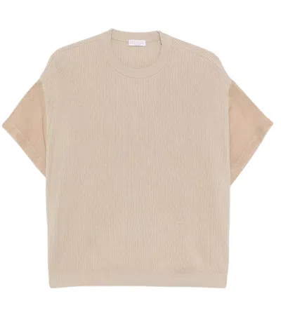 Brunello Cucinelli Beige Crew Neck Ribbed Knit T-shirt In Neutral