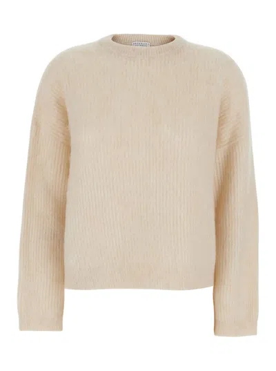 Brunello Cucinelli Beige Crew Neck Sweater With Long Sleeves In Fabric Woman In Brown