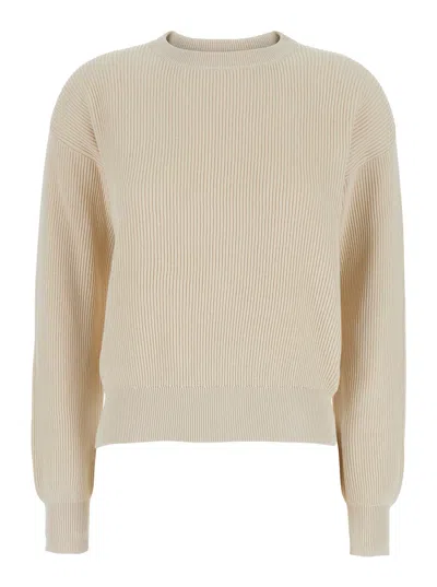 Brunello Cucinelli Beige Crewneck Sweater With Dropped Shoulders In Cotton Woman