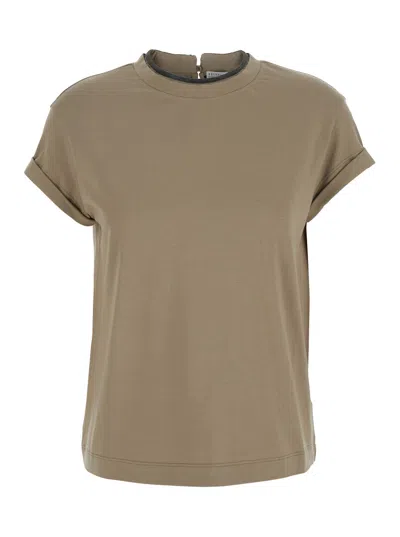Brunello Cucinelli Beige Crewneck T-shirt With Monile Detail On The Neck In Cotton Blend Woman