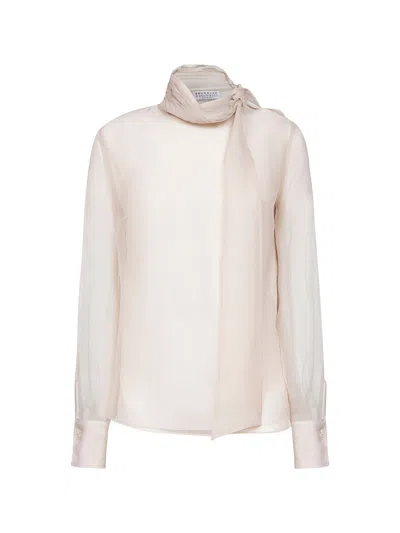 Brunello Cucinelli Beige Crispy Silk Monili Blouse In Silver