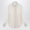 Brunello Cucinelli Beige Crispy Silk Shirt With Monile Detail Women In Neutral